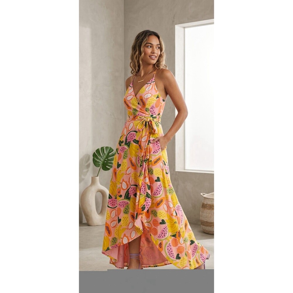 NWT Hutch Anthropologie Tropical Fruit Print Wrap Dress Sz 2X Plus Spaghetti New
